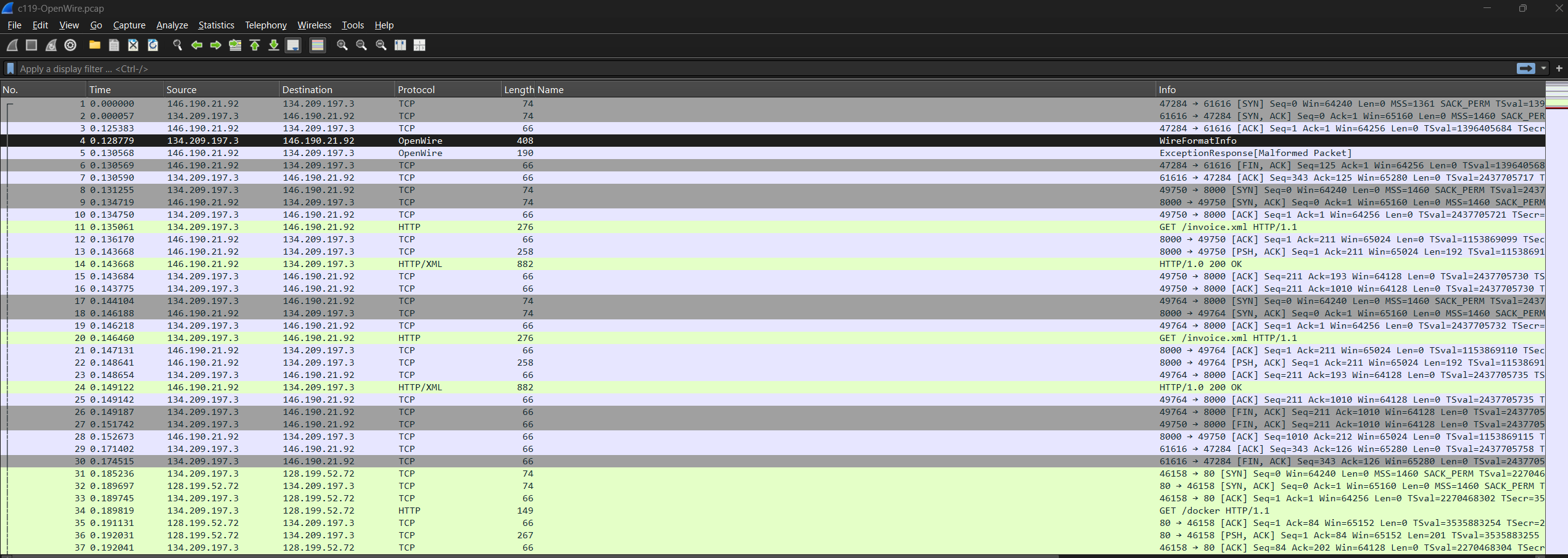 PCAP showing OpenWire traffic