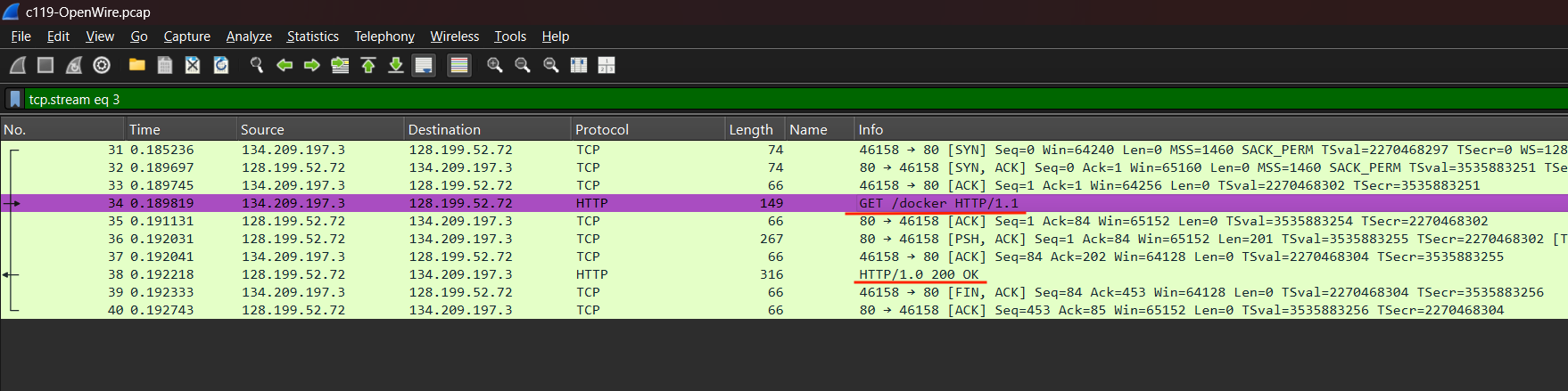 TCP stream of the payload traffic